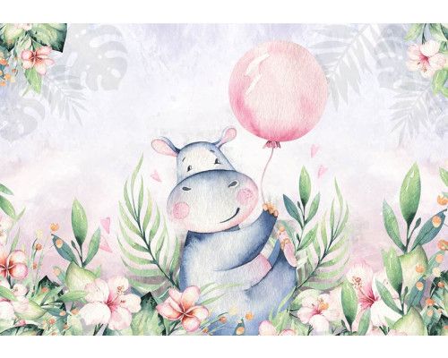 Kinderbehang met een nijlpaard en vrolijke bloemen, geschikt voor babykamers.