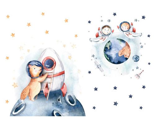 Kinderbehang met een sterrenstelsel en planeten, waarin een astronaut in een ruimteraket door het heelal vliegt.