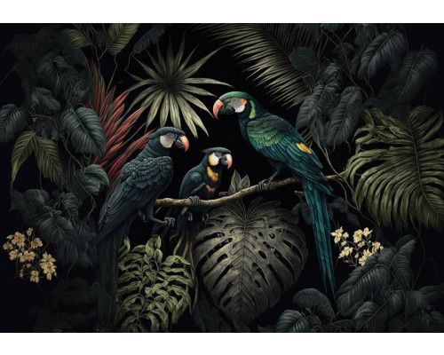 Fotobehang met felgekleurde papegaaien die zich nestelen tussen grote, groene jungle bladeren. Tropische vogels en dichte vegetatie creëren een levendige, botanische sfeer.