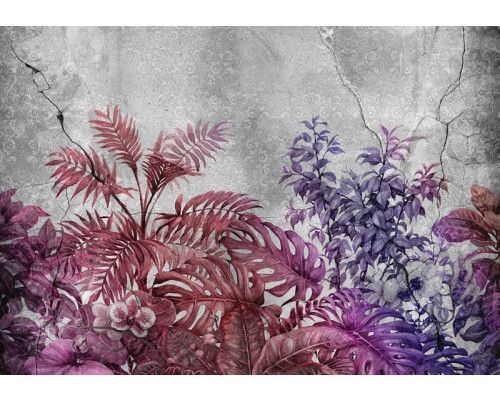Fotobehang planten op een muur met rood-paars beton, abstract design.