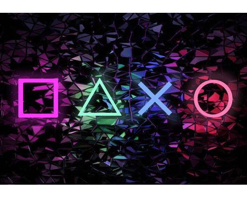 Neon symbolen en gamekarakters van PlayStation in een opvallende neon-kleurenpalet, ideaal voor een gamekamer.