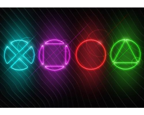 Playstation en gaming element op een donkere achtergrond, ideaal voor een gamekamer met een intense sfeer.