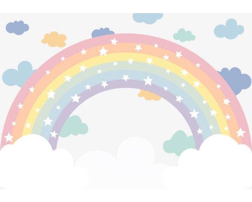 Wolken, regenbogen en sterren komen samen op dit fotobehang, wat een speels en magisch geheel vormt.