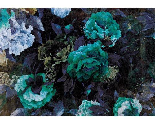 Fotobehang met groene kunstbloemen, abstract en kleurrijk ontwerp.