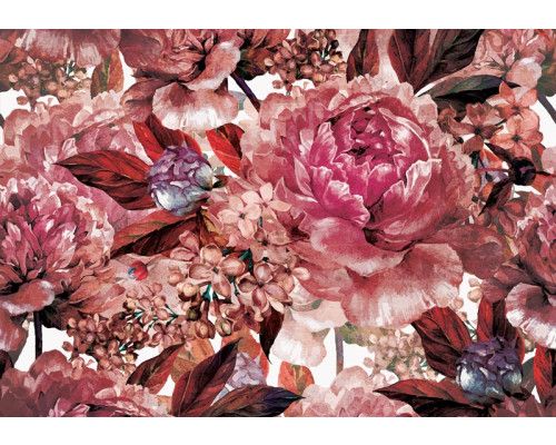 Fotobehang van een schilderij met bloemen in rood, kunstzinnig en kleurrijk.