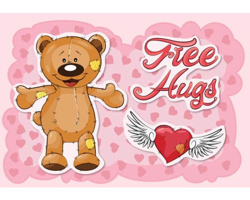Teddybeer behang met de tekst 'free hugs' en een knuffelhart.