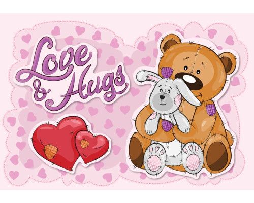 Fotobehang van een teddybeer met konijn en knuffelhart, geschikt voor kinderkamers.