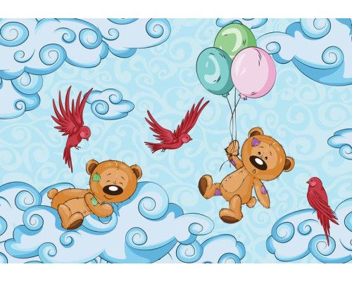 Fotobehang van teddyberen in een babykamer met wolken, kleurrijk en vrolijk.