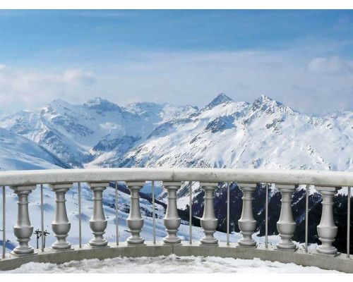 Fotobehang met een prachtig uitzicht op besneeuwde bergen, perfect voor een serene en winterse sfeer.