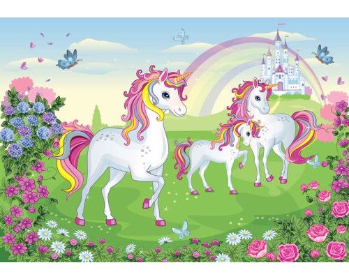Unicorns behang met een kasteel en regenboog, sprookjesachtig en kleurrijk.