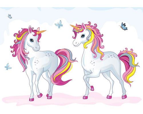 Unicorns fotobehang met vlinders, ideaal voor babykamers.