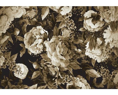 Vintage fotobehang met pioenrozen en bloemen, gedetailleerd klassiek bloemendessin in zachte tinten.