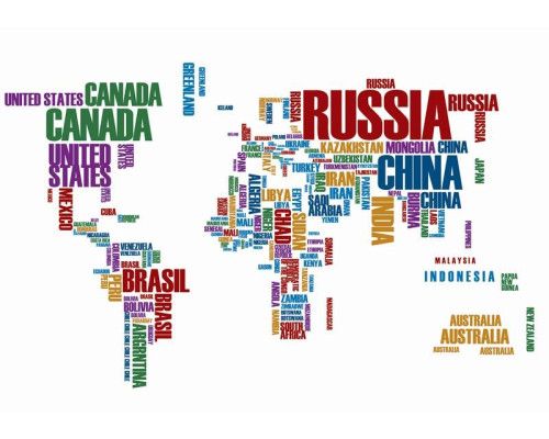 Wereldkaart behang met aardetekst en landenoverzicht, educatief en stijlvol.