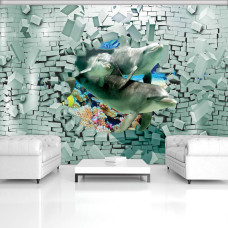 Een 3D-behang met dolfijnen die uit de muur lijken te komen, ideaal voor een avontuurlijke kinderkamer.