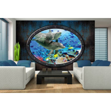 Een fotobehang met een 3D-effect van dolfijnen in een onderwaterwereld, perfect voor een stijlvolle woonkamer.