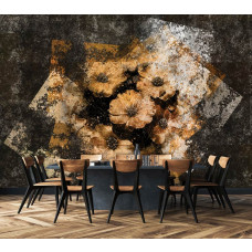 Een 3D-fotobehang van gouden bloemen tegen een betonnen muur te zien in de keuken.