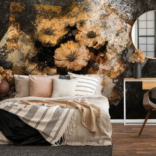 Een 3D-fotobehang van gouden bloemen tegen een betonnen muur te zien in de slaapkamer.