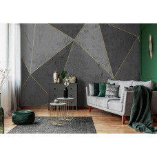 Een 3D-fotobehang met gouden lijnen en marmeren driehoeken met 3D-effect te zien in de woonkamer.
