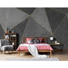 Een 3D-fotobehang met gouden lijnen en marmeren driehoeken te zien in de slaapkamer.