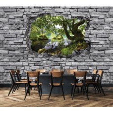 Een 3D-fotobehang van een gat in de muur met een boszicht, omgeven door bakstenen te zien in de keuken.