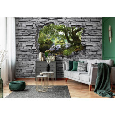 Een 3D-fotobehang van een gat in de muur met een boszicht, omgeven door bakstenen te zien in de woonkamer.
