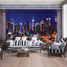 Een 3D-fotobehang van New York in de nacht met pilaren voor de huiskamer.