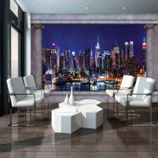 Een 3D-fotobehang van New York in de nacht met pilaren voor de woonkamer.