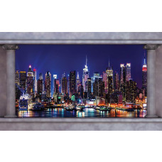 3D fotobehang van New York in de nacht, pilaren en stadsgezicht.