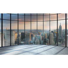 3D-fotobehang van de New York skyline, met uitzicht op de stad en ramen.