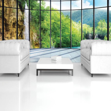 Een fotobehang met een watervallandschap in een 3D-stijl, bedrukt op vliesbehang, geschikt voor een woonkamer.