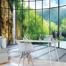 Een fotobehang met een watervallandschap in een 3D-design, ideaal voor een huiskamer.