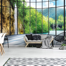 Een fotobehang met een 3D-uitzicht op een watervallandschap, geschikt voor diverse ruimtes.