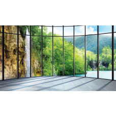Fotobehang van een raamzicht op een waterval, met een natuurlijk en rustgevend ontwerp.