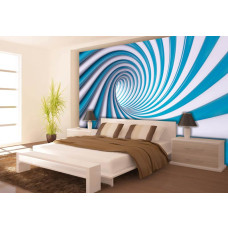 Een 3D-fotobehang met een blauwe en witte spiraal te zien in de slaapkamer.