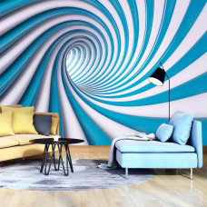 Een 3D-fotobehang met een blauwe en witte spiraal te zien in de woonkamer.