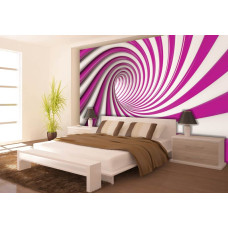 Een slaapkamer met een fotobehang van een spiraal in rood en wit in het 3D.