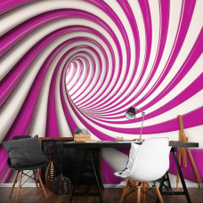 Een woonkamer met een fotobehang van een spiraal in rood en wit in het 3D.