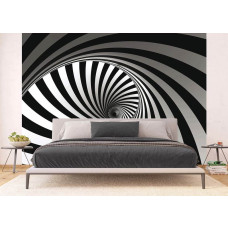 Een 3D fotobehang van een zwart-wit spiraal tornado in een slaapkamer met Airtex.