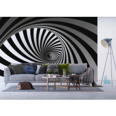 Een 3D fotobehang van een zwart-wit spiraal tornado in een woonkamer met Airtex.