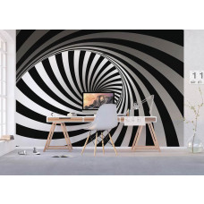 Een 3D fotobehang van een zwart-wit spiraal tornado in een kantoor.