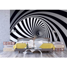 Een 3D fotobehang van een zwart-wit spiraal tornado in een slaapkamer met vliesbehang.