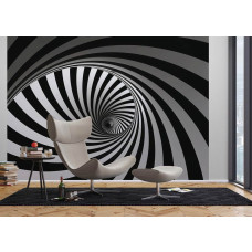 Een 3D fotobehang van een zwart-wit spiraal tornado in een woonkamer met vliesbehang.