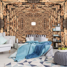 Een 3D-fotobehang van een stenen tunnel met bakstenen en een 3D-effect te zien in de slaapkamer.