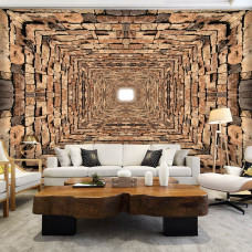 Een 3D-fotobehang van een stenen tunnel met bakstenen en een 3D-effect te zien in de woonkamer.