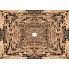 3D fotobehang van een stenen tunnel met bakstenen en een gang met diepte-effect.