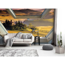 Een fotobehang van een natuurlijk landschap met uitzicht door een raam voor de huiskamer.