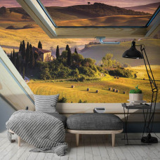 Een fotobehang met een landschap en uitzicht door een dakraam, ideaal voor de slaapkamer en woonkamer.