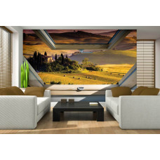Een fotobehang met uitzicht op een landschap door een dakraam, geschikt voor de woonkamer.