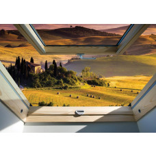3D fotobehang met een uitzicht op een weids landschap door een dakraam.