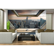 Een fotobehang met een raamuitzicht op New York door een dakraam, speciaal voor de woonkamer.